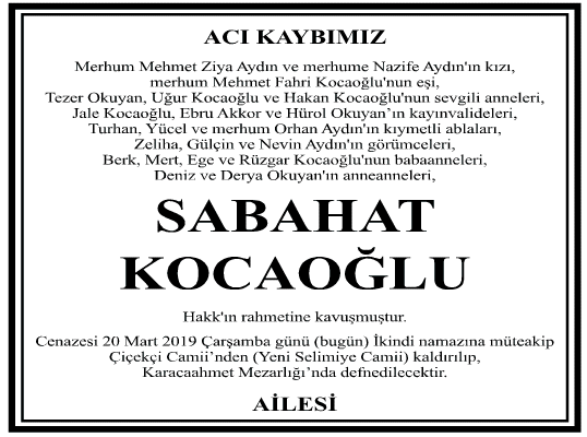 Sabahat Kocaoğlu Vefat İlanı
