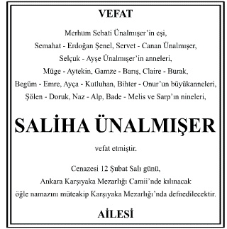 Saliha Ünalmışer Vefat İlanı