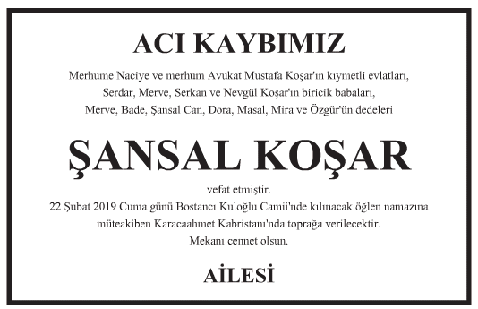 Şansal Koşar Vefat İlanı