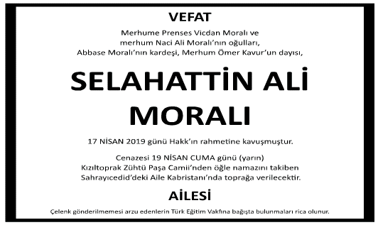 Selahattin Ali Morali Vefat İlanı