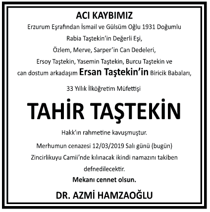 Tahir Taştekin Vefat İlanı