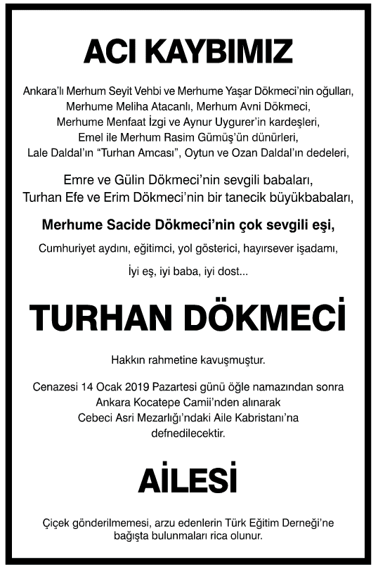 Turhan Dökmeci Vefat İlanı