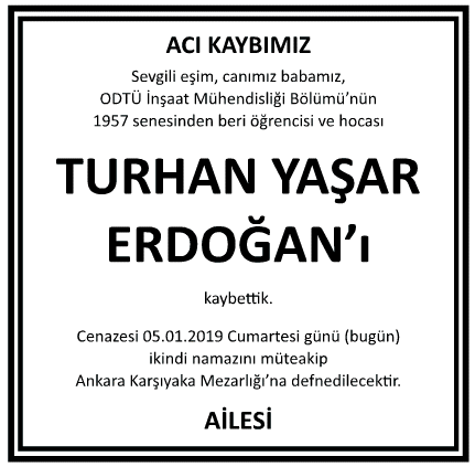Turhan Yaşar Erdoğan Vefat İlanı