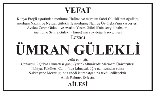 Ümran Gülekli Vefat İlanı