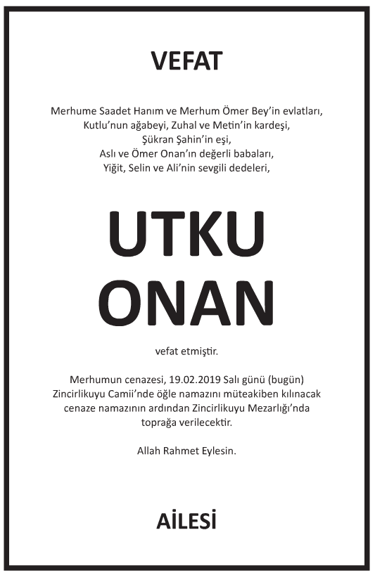 Utku Onan Vefat İlanı