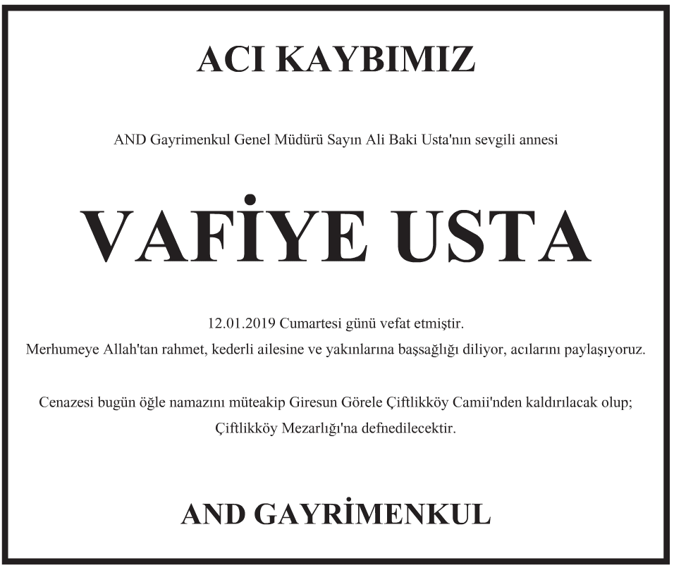 Vafiye Usta Vefat İlanı