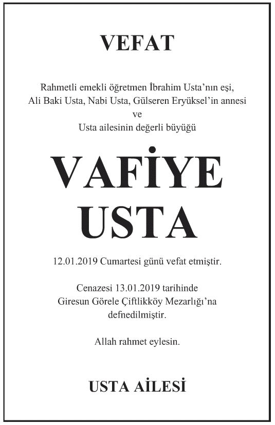 Vafiye Usta Vefat İlanı