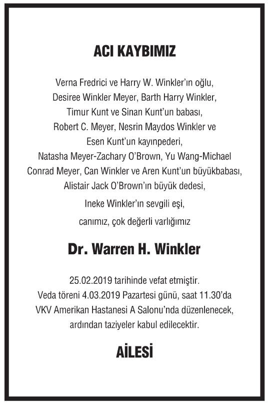Warren H. Winkler Vefat İlanı