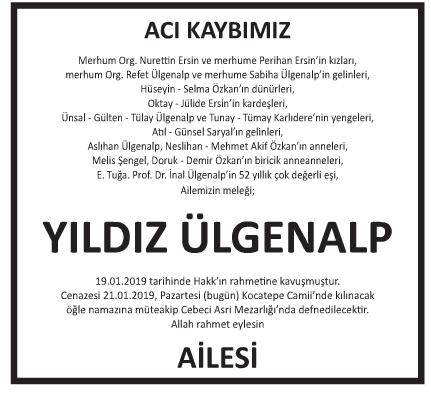 Yıldız Ülgenalp Vefat İlanı