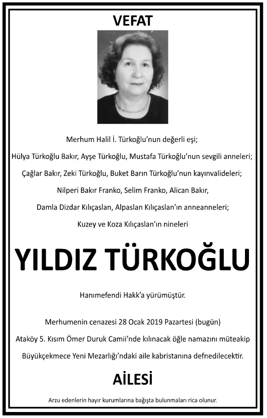 Yılıdız Türkoğlu Vefat İlanı